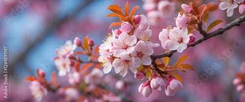 Cherry blossom branches in full bloom with pink flowers and green leaves against a blue sky Copy Space photo