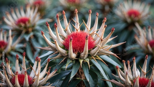 Vibrant red flower with spiky petals surrounded by green foliage in a garden setting with Copy Space for text placement
