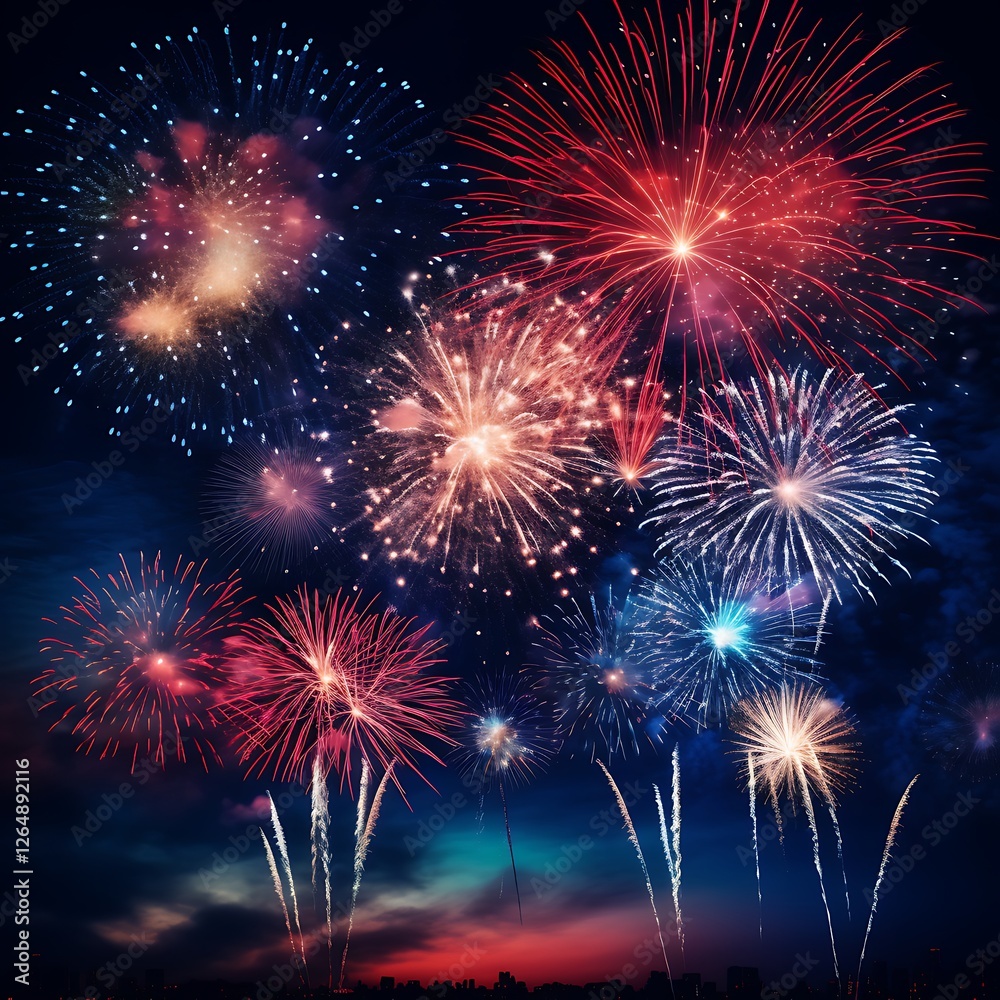 A vibrant fireworks display lighting up the night sky with red, white, and blue bursts, celebrating US Independence Day. A vibrant fireworks display lighting up the night sky with red, white, and blue bursts, celebrating US Independence Day.