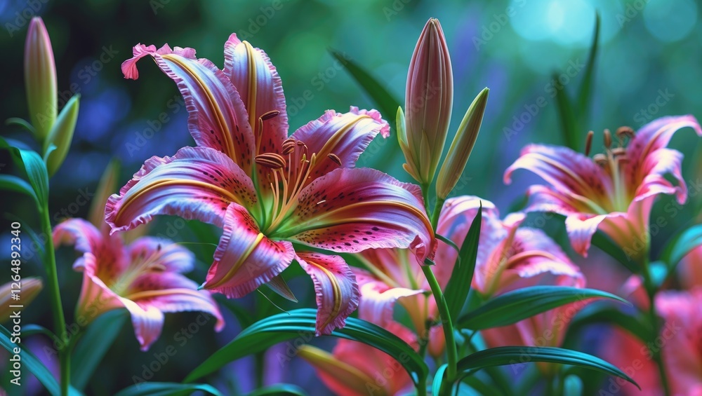 Fototapeta premium Colorful blooming lilies in garden with green foliage and soft focused background natural light. Copy Space