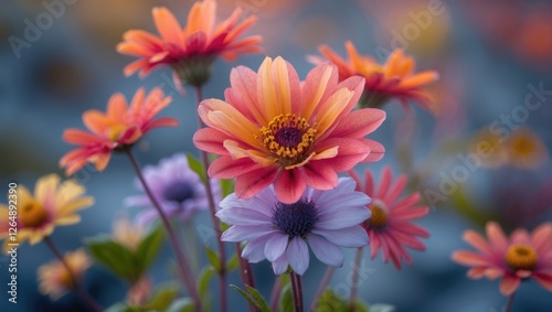 Colorful flowers in vibrant hues of orange and purple with blurred background suitable for showcasing botanical beauty and floral arrangements Copy Space