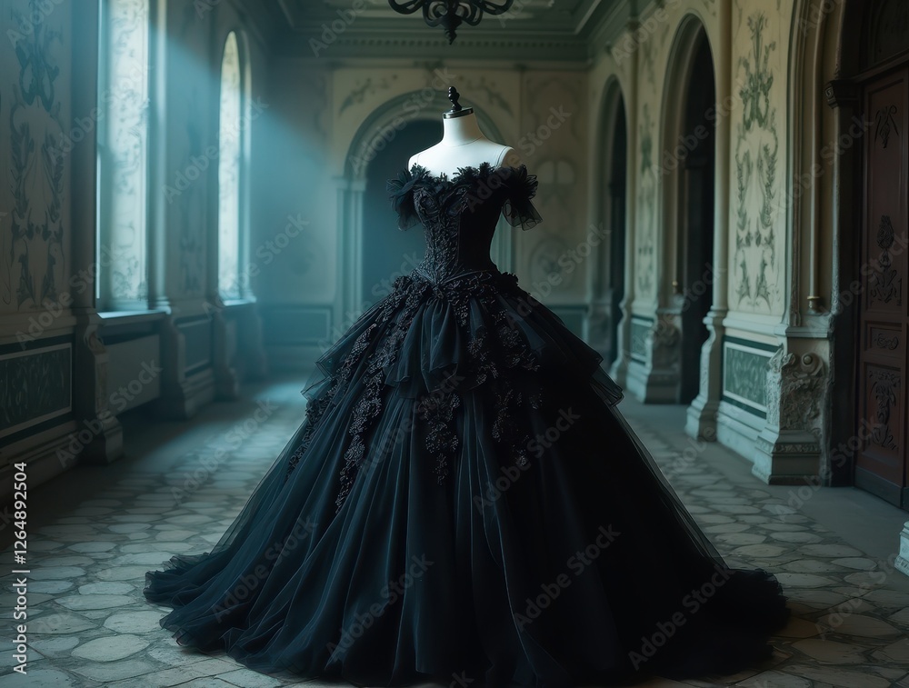 Elegant Dark Gothic Ball Gown Displayed on Mannequin in Ornate Palace Hallway Elegant Dark Gothic Ball Gown Displayed on Mannequin in Ornate Palace Hallway