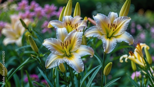 Yellow lilies in bloom surrounded by green leaves and pink flowers with soft focus background and clear vibrant colors. Copy Space