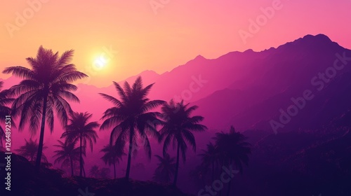 Tropical mountain sunset, towering palm silhouettes, purple mountain layers, warm sunburst effect, rolling hills landscape, gradient evening sky, palm grove scenery, vibrant sunset colors, peaceful