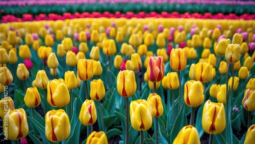 Vibrant field of yellow and pink tulips in full bloom with abundant green foliage in a garden setting Copy Space