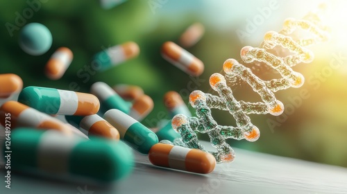 Colorful capsules beside a glowing DNA strand, symbolizing the intersection of genetics and modern medicine. photo