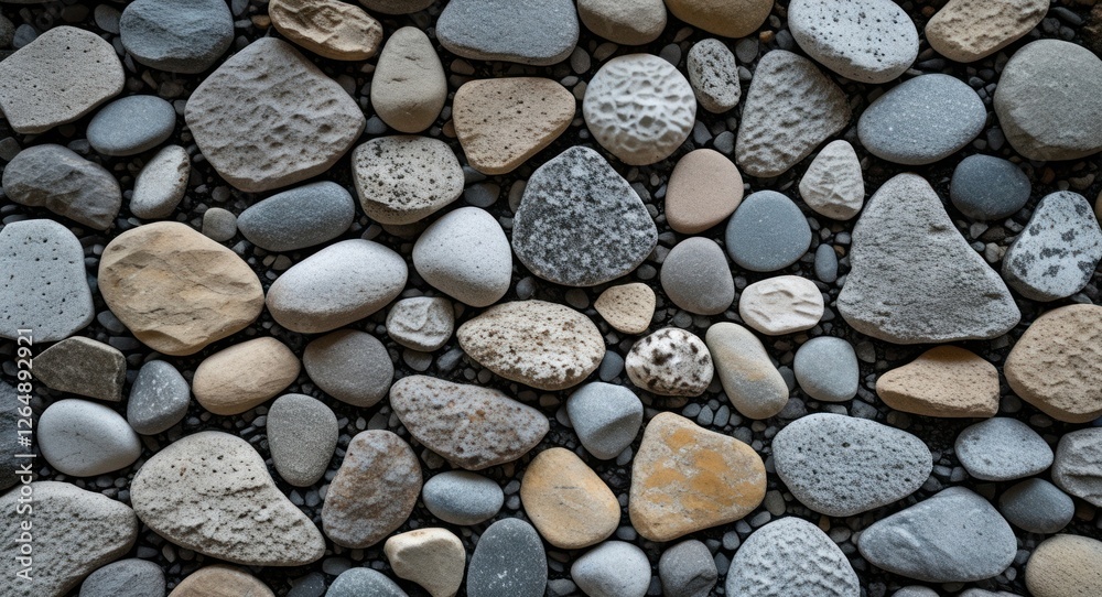 Variety of smooth pebbles and stones in natural colors arranged on a flat surface with textured patterns Copy Space Variety of smooth pebbles and stones in natural colors arranged on a flat surface with textured patterns Copy Space