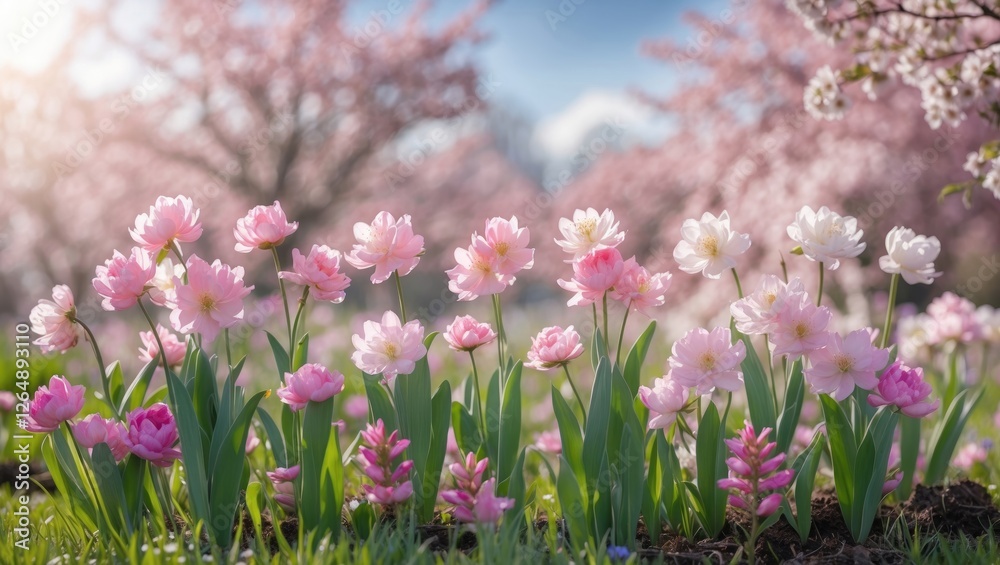 Fototapeta premium Colorful blooming flowers in spring garden with blurred cherry blossom trees in background showcasing vibrant nature scene with soft sunlight