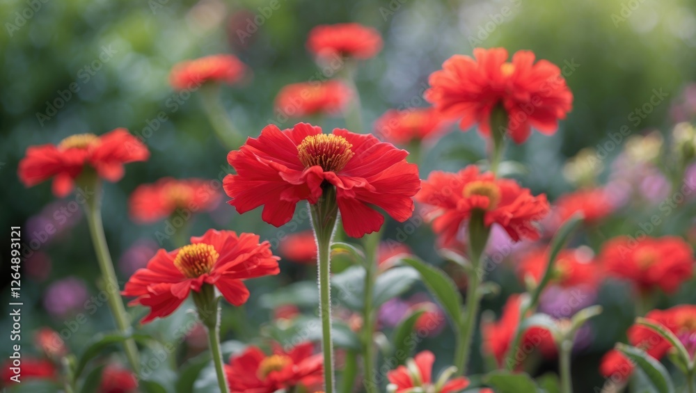 Vibrant red zinnia flowers in a lush garden setting with blurred background and natural lighting Copy Space Vibrant red zinnia flowers in a lush garden setting with blurred background and natural lighting Copy Space