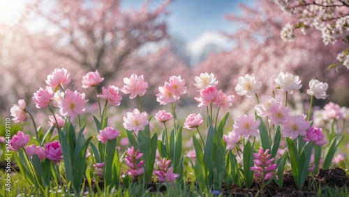 Colorful blooming flowers in spring garden with blurred cherry blossom trees in background showcasing vibrant nature scene with soft sunlight