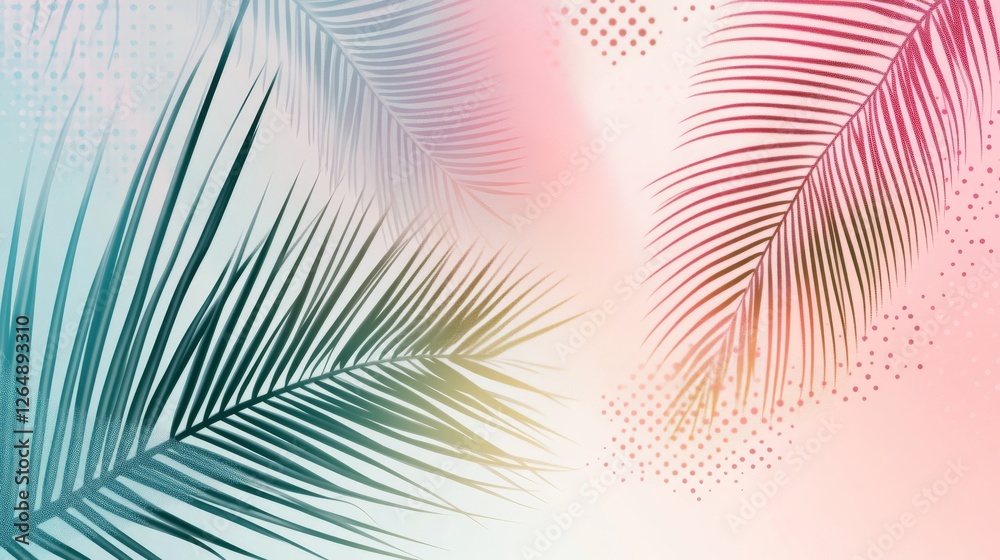 Obraz premium Minimal palm leaf design, dreamy pastel gradient, soft tropical elements, geometric dot overlay, modern nature composition, gentle color flow, abstract botanical pattern, clean aesthetic,