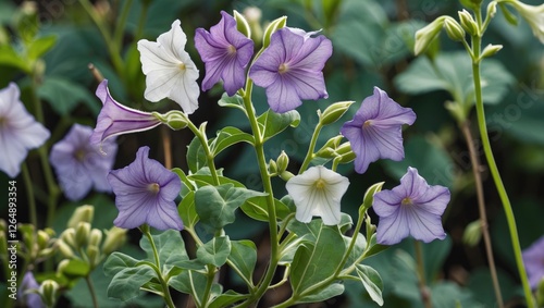 Purple and white petunia flowers growing in garden with green foliage background and natural light Copy Space