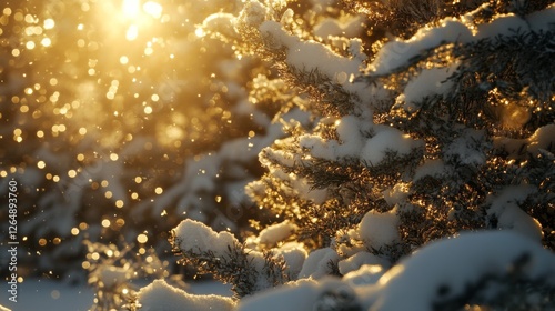 Magical winter evening, snow laden evergreens, golden sunset glow, dancing snow crystals, pristine snow blanket, atmospheric forest scene, winter sun rays, sparkling snow effects, peaceful nature photo