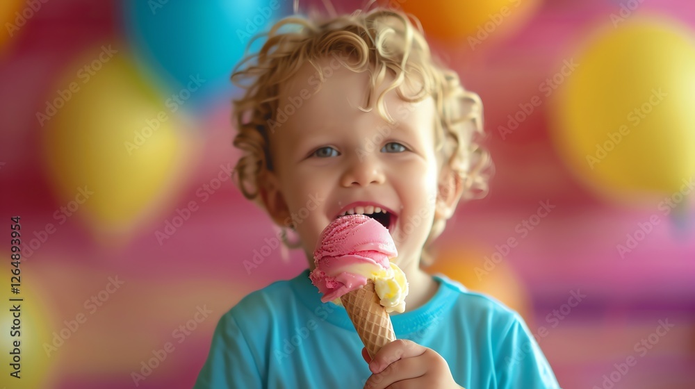 A young boy with curly hair laughs while eating an ice cream cone in the sun. A young boy with curly hair laughs while eating an ice cream cone in the sun.