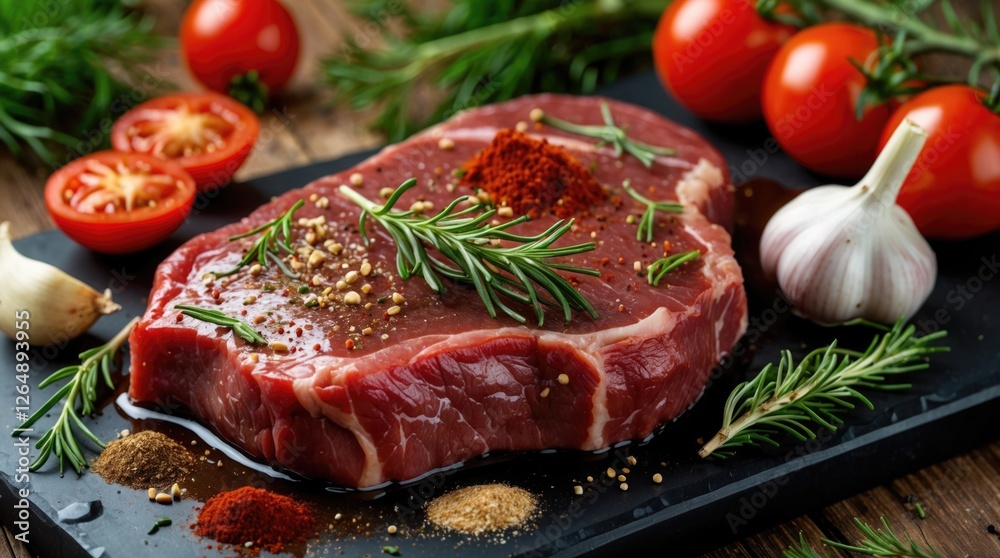 Raw beef steak with spices, garlic, tomato and fresh rosemary on a black slate board with wooden background Copy Space Raw beef steak with spices, garlic, tomato and fresh rosemary on a black slate board with wooden background Copy Space