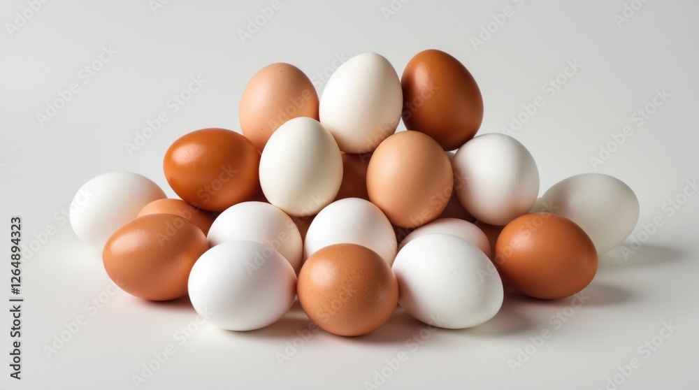 Different colored eggs arranged in a pile on a white surface with smooth lighting and shadows Copy Space Different colored eggs arranged in a pile on a white surface with smooth lighting and shadows Copy Space