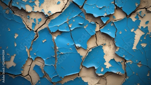 Close-up view of cracked blue paint on a wall showing texture and layers underneath with Copy Space photo