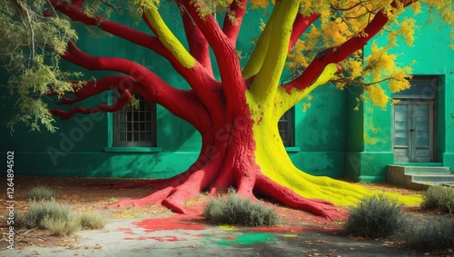 Colorful painted tree with bright red and yellow branches against a green wall in an urban setting with autumn leaves and garden plants Copy Space photo