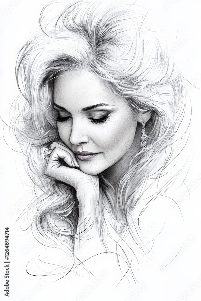 Elegant Woman Portrait with Flowing Hair and Thoughtful Expression in Soft Sketch Style Elegant Woman Portrait with Flowing Hair and Thoughtful Expression in Soft Sketch Style