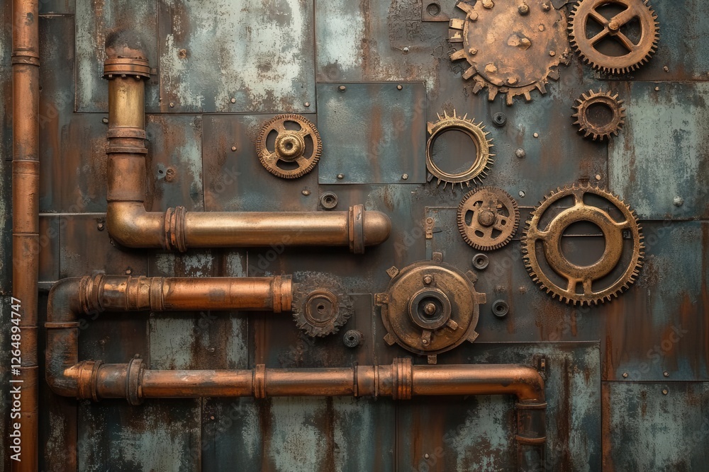 steampunk-inspired industrial wall with intricate brass gears, copper pipes, and weathered metal panels, featuring rust patterns and mechanical details in warm metallic tones steampunk-inspired industrial wall with intricate brass gears, copper pipes, and weathered metal panels, featuring rust patterns and mechanical details in warm metallic tones
