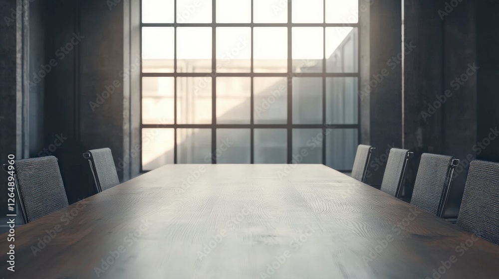 This image presents a minimalist meeting room featuring industrial aesthetics, illuminated by soft natural light, offering a calm and focused atmosphere for discussions. This image presents a minimalist meeting room featuring industrial aesthetics, illuminated by soft natural light, offering a calm and focused atmosphere for discussions.