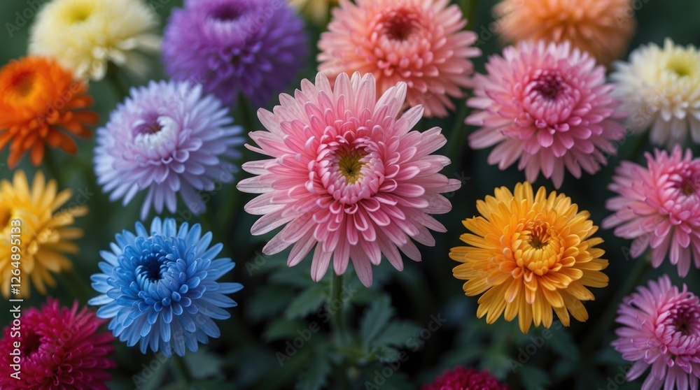Colorful multi-layered flowers in vibrant hues of pink, blue, orange, and purple with green leaves, suitable for floral backgrounds and copy space. Colorful multi-layered flowers in vibrant hues of pink, blue, orange, and purple with green leaves, suitable for floral backgrounds and copy space.
