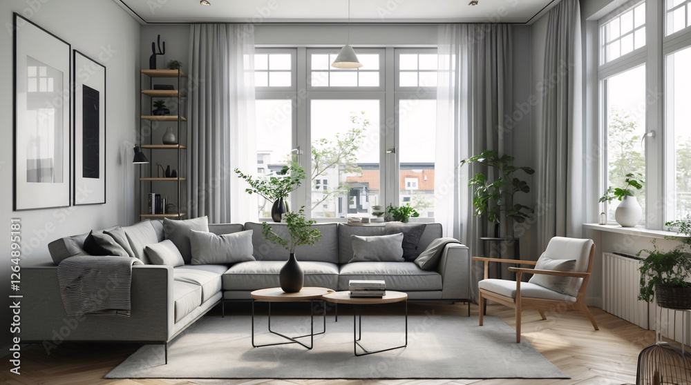 Fototapeta premium Peaceful and inviting Scandinavian living room with neutral gray couch minimalist design and natural decor to create a calm retreat Modern Interior Design Inspiration
