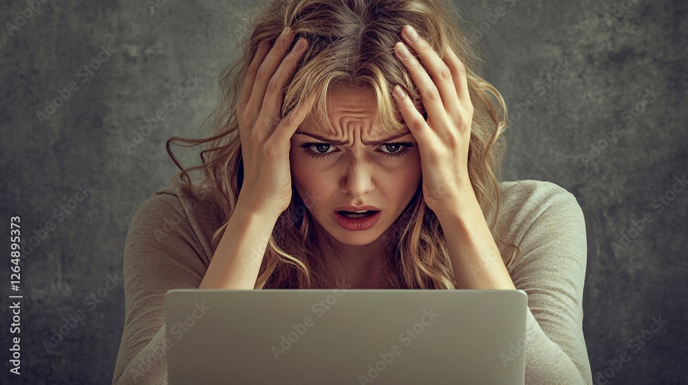 Stressed Woman Looks At Laptop Screen In Dismay Stressed Woman Looks At Laptop Screen In Dismay