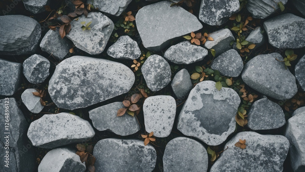 Close-up view of various smooth stones and pebbles with scattered leaves and grass on the ground Copy Space Close-up view of various smooth stones and pebbles with scattered leaves and grass on the ground Copy Space