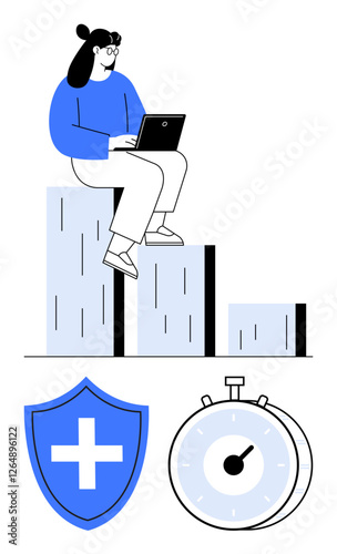 Woman sits on bar chart with laptop, multitasking between growth and security. Accompanied by shield and timer, it illustrates healthcare, time management, protection, business, and analytics. Ideal