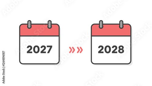 2027年と2028年のカレンダーの表紙と矢印 - 年末年始や新年、期間や予定変更のイメージ素材