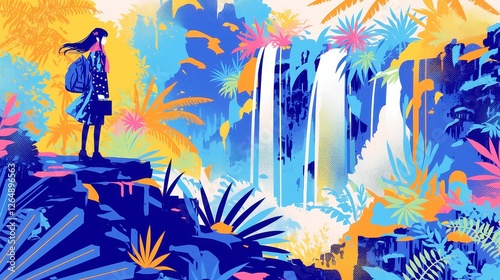 City Pop Anime Waterfall, vibrant autumn scene featuring a gentle cascade among mossy rocks, bold outlines, simple colors, and a cool neon-lit palette in a geometric design.