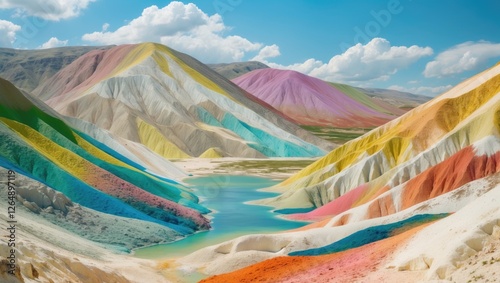 Colorful mountain landscape with vibrant hues and a serene lake under a blue sky with fluffy clouds and ample Copy Space. photo