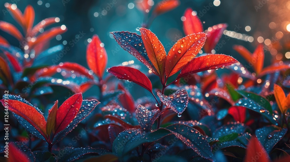 Red and green leaves with water droplets in soft focus background vibrant colors and natural light Copy Space Red and green leaves with water droplets in soft focus background vibrant colors and natural light Copy Space