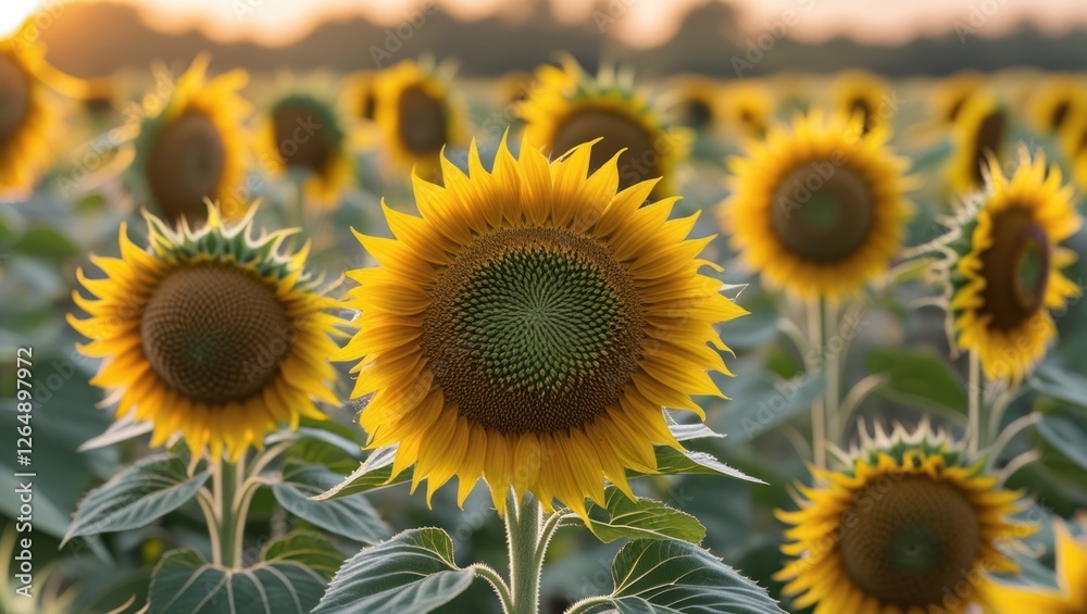 Obraz premium Sunflower field at sunrise with vibrant blooms and soft natural light showcasing details and textures of petals, leaves and seeds, Copy Space