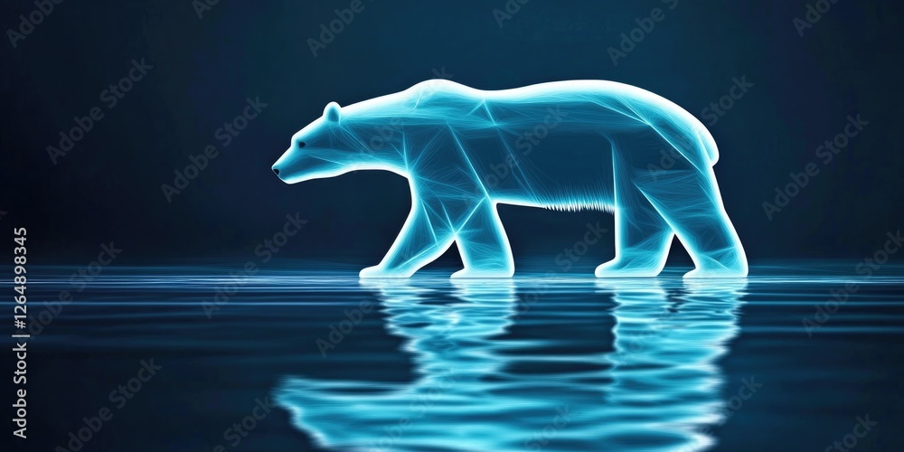 Futuristic abstract art with neon polar bear on reflective water surface for modern design themes Futuristic abstract art with neon polar bear on reflective water surface for modern design themes
