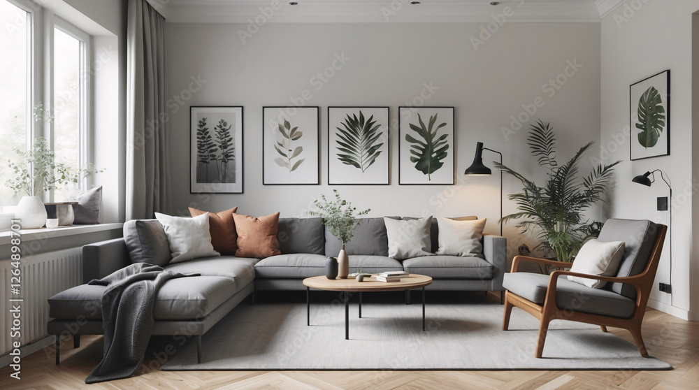 Fototapeta premium Sleek minimalist Scandinavian living room with a neutral gray couch and functional modern design elements for a timeless look Modern Interior Design Inspiration