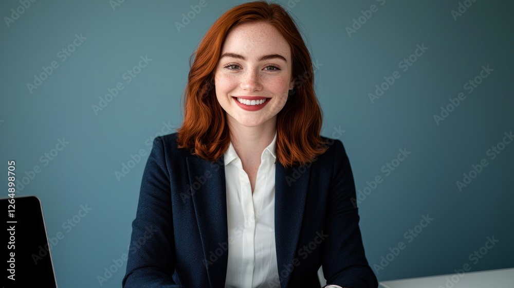 Confident Young Businesswoman Smiling in Professional Attire Against Blue Background Confident Young Businesswoman Smiling in Professional Attire Against Blue Background