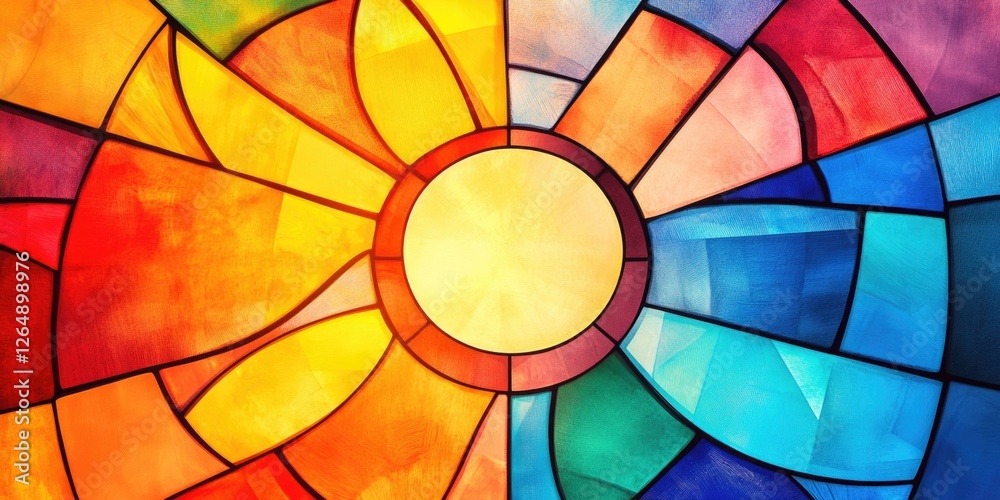 Fototapeta premium Vibrant abstract background featuring colorful stained glass with central radiant religion symbol design for decorative use