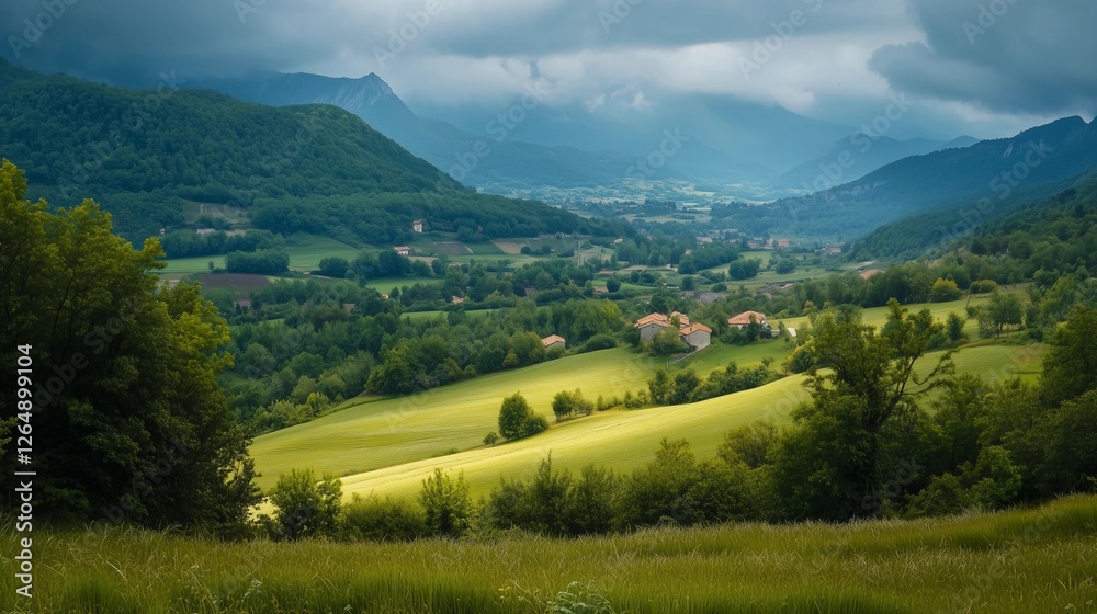 Obraz premium A beautiful, lush green field with a few trees in the background. The sky is cloudy, but the sun is shining through the clouds, creating a peaceful and serene atmosphere