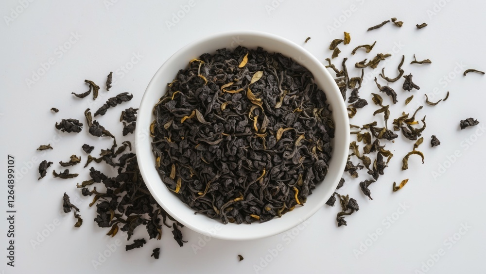 Dried black tea leaves in a white bowl with scattered leaves on a flat surface with copy space for text Dried black tea leaves in a white bowl with scattered leaves on a flat surface with copy space for text
