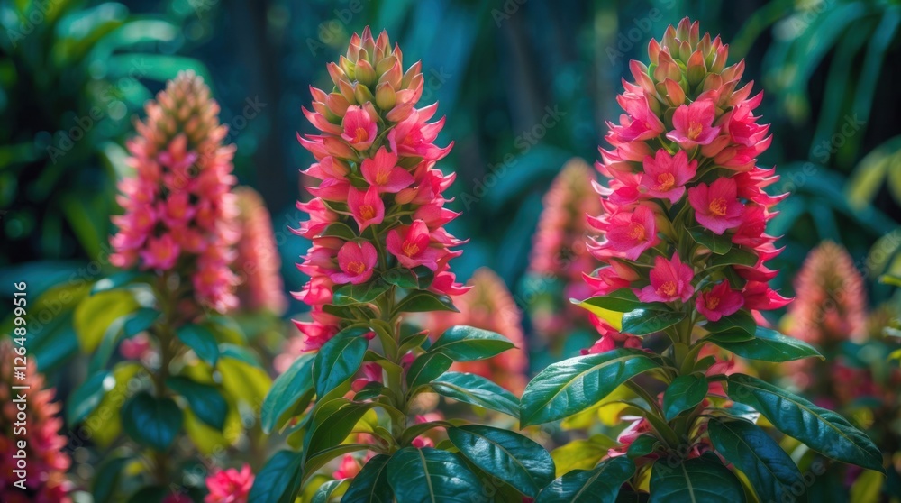 Vibrant pink flowers in lush green foliage showcasing floral beauty in natural environment Copy Space Vibrant pink flowers in lush green foliage showcasing floral beauty in natural environment Copy Space