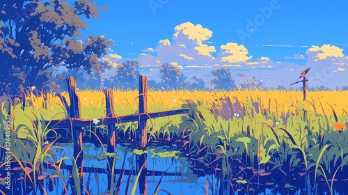 City Pop Serenity, vibrant 1980s anime-inspired artwork featuring a rustic wooden fence leading to a tranquil pond, showcasing a charming countryside view in bold outlines and neon hues. photo