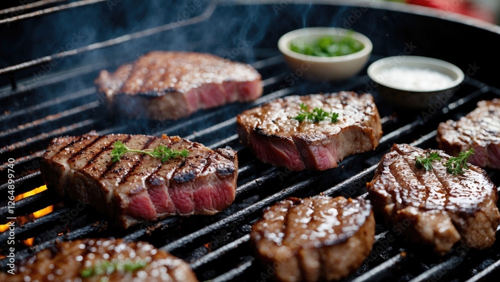 Grilled steaks on a barbecue grill with herbs and sides of dipping sauces Copy Space