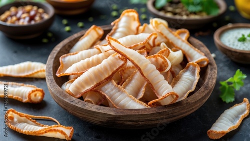 Bowl of crispy fried snacks with a variety of spices on a dark surface Copy Space photo