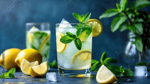 Refreshing lemon mint cocktail with ice, fresh mint leaves, lemon slices, and whole lemons on a dark background with copy space photo