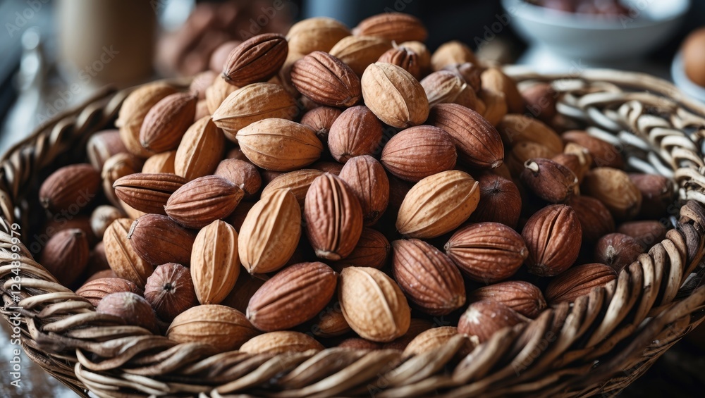 Heap of assorted nuts in a woven basket with a soft background and natural lighting ideal for food photography Copy Space Heap of assorted nuts in a woven basket with a soft background and natural lighting ideal for food photography Copy Space