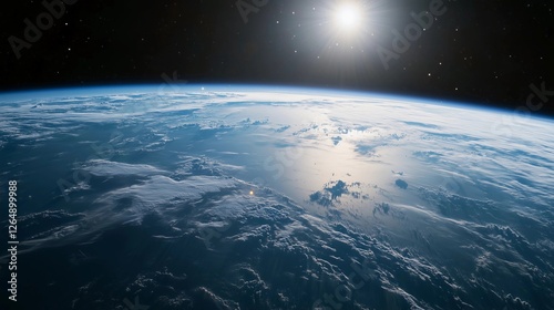 Fototapeta Naklejka Na Ścianę i Meble -  A clear blue sky with a bright sun shining down on the Earth. The sun is positioned in the middle of the sky, and the Earth is visible in the background