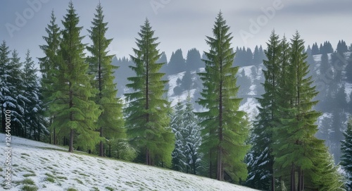 Snow-covered landscape with coniferous trees on a hillside under a cloudy sky Copy Space