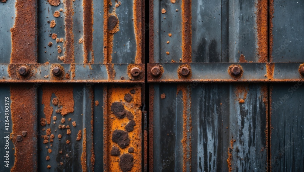 Rusty metal panels with orange and brown corrosion texture featuring bolts and a weathered steel surface with Copy Space. Rusty metal panels with orange and brown corrosion texture featuring bolts and a weathered steel surface with Copy Space.